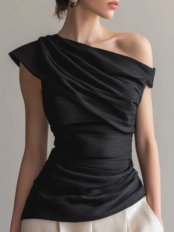 One-Shoulder Draped Pleated Top made by Mooyius