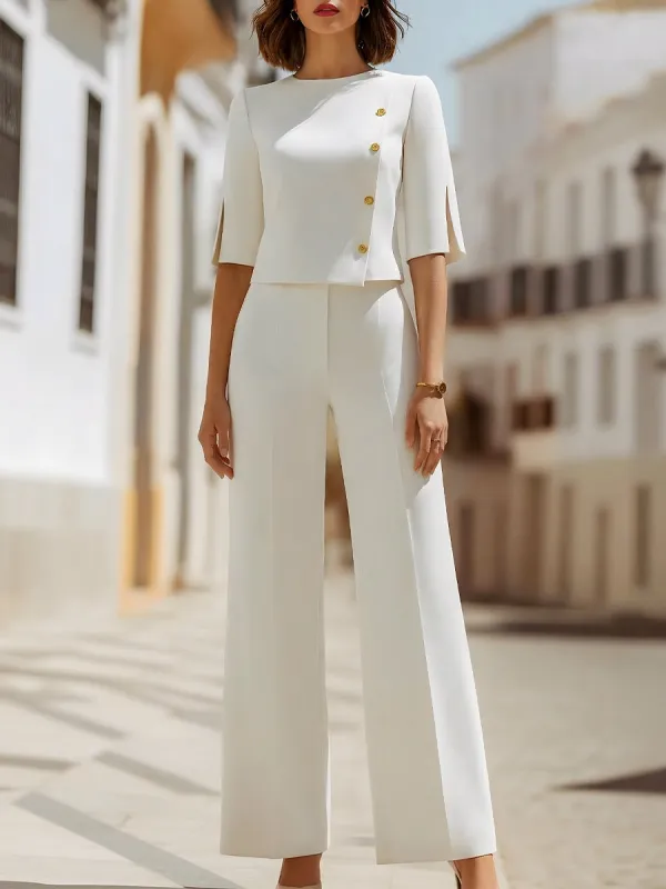Button Detail Structured Top And Wide-Leg Pants Set made by Mooyius