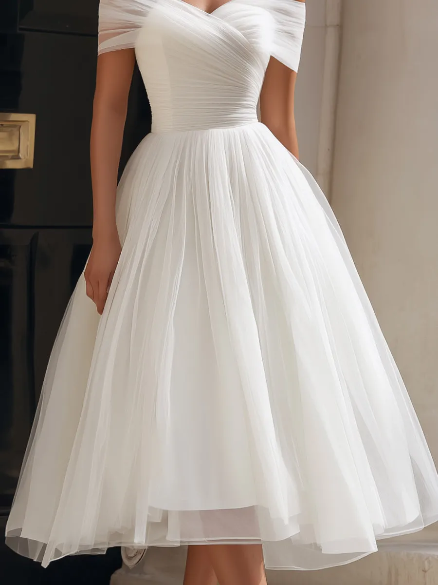 Off-Shoulder Pleated A-Line Tulle Midi Dress sold by Mooyius product image thumbnail 3