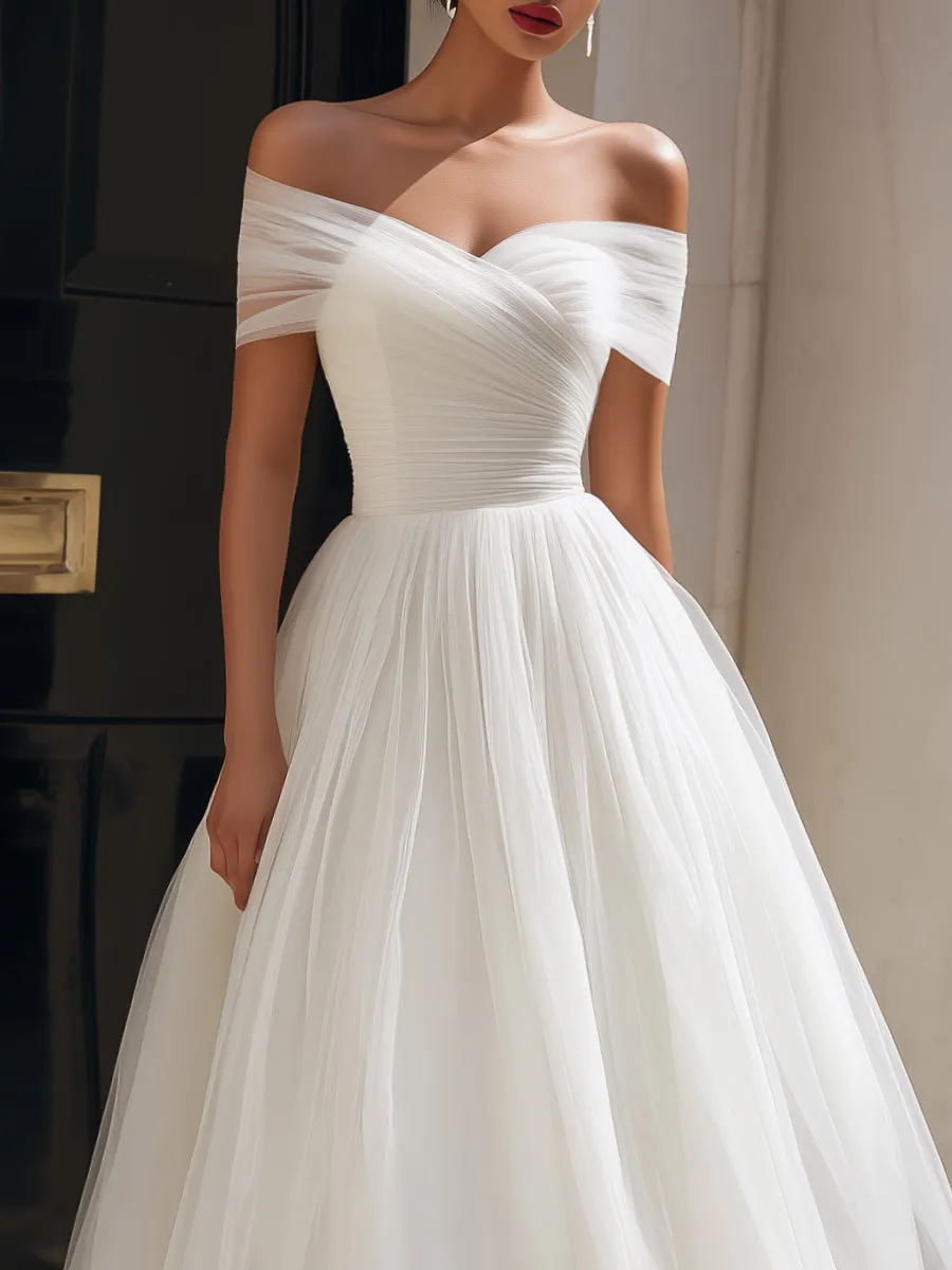 Off-Shoulder Pleated A-Line Tulle Midi Dress sold by Mooyius product image thumbnail 2