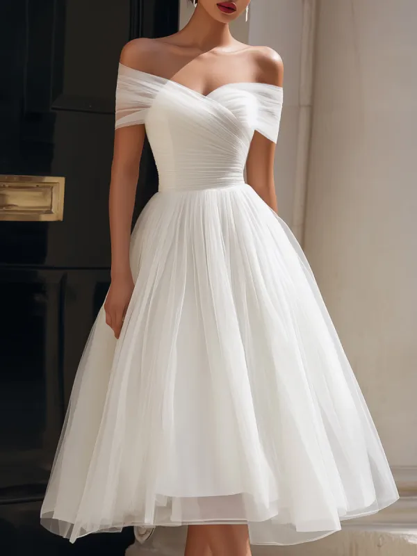 Off-Shoulder Pleated A-Line Tulle Midi Dress made by Mooyius