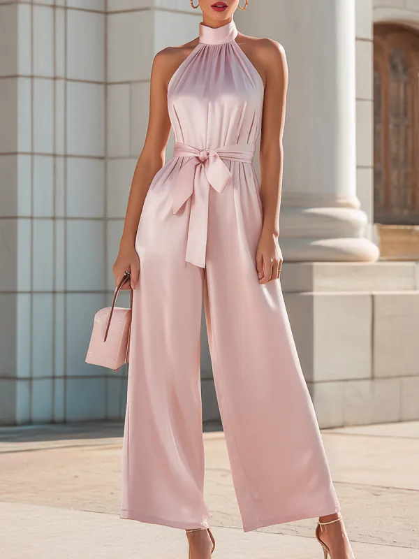 Halter Neck Satin Wide-Leg Jumpsuit With Waist Tie made by Mooyius