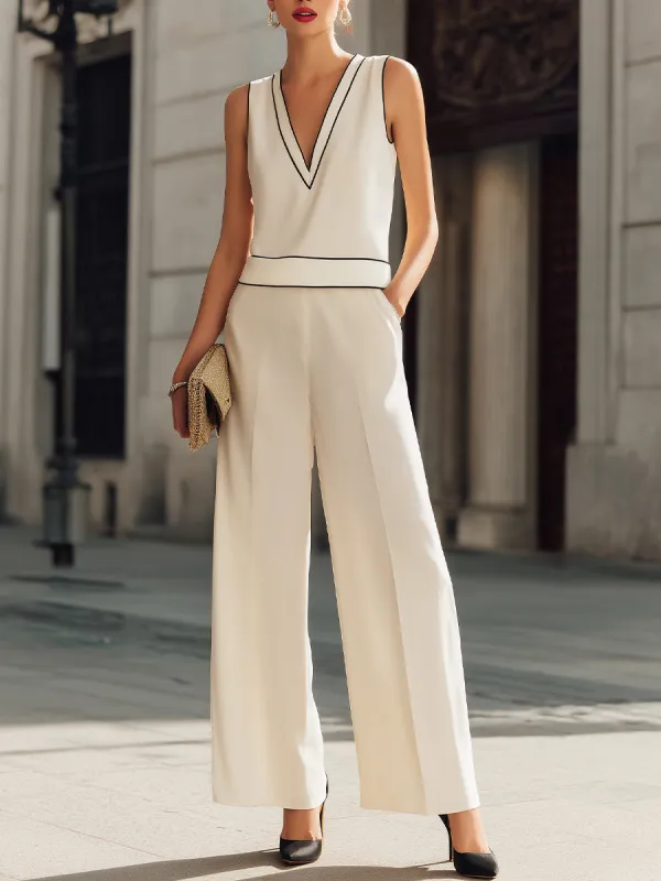 Sleeveless Contrast Trim Wide-Leg Pants Set made by Mooyius