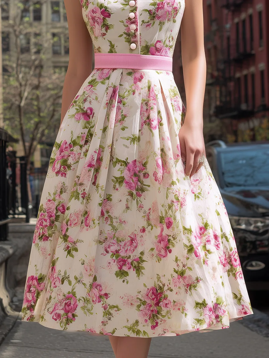 Vintage Floral Sleeveless Shirt Dress With Pleated Skirt sold by Mooyius product image thumbnail 4