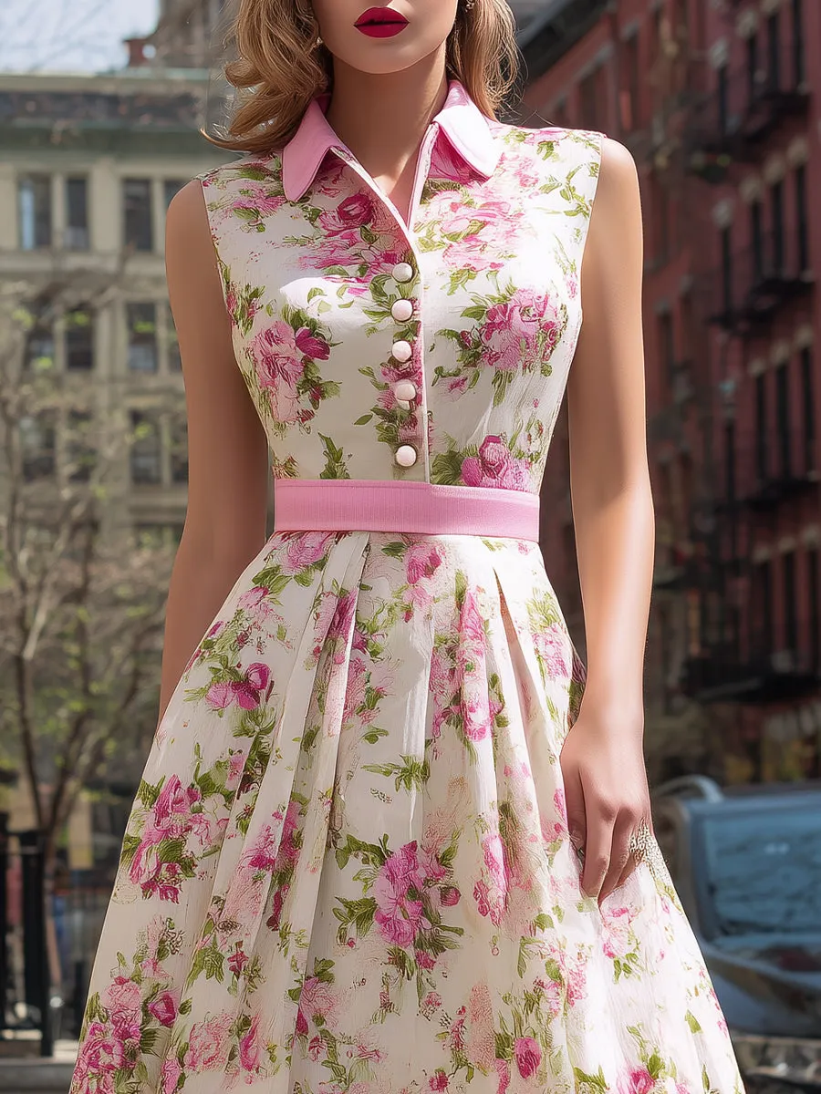 Vintage Floral Sleeveless Shirt Dress With Pleated Skirt sold by Mooyius product image thumbnail 2