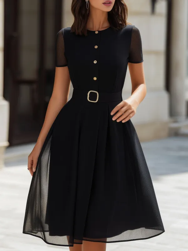 Mesh Sleeve Belted A-Line Midi Dress made by Mooyius