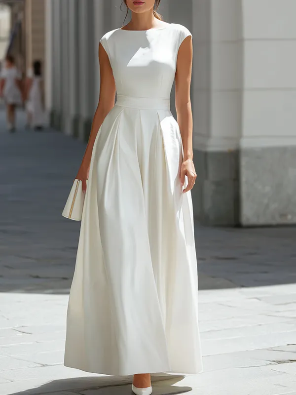 Ivory Cap Sleeve Pleated Maxi Gown made by Something Navy