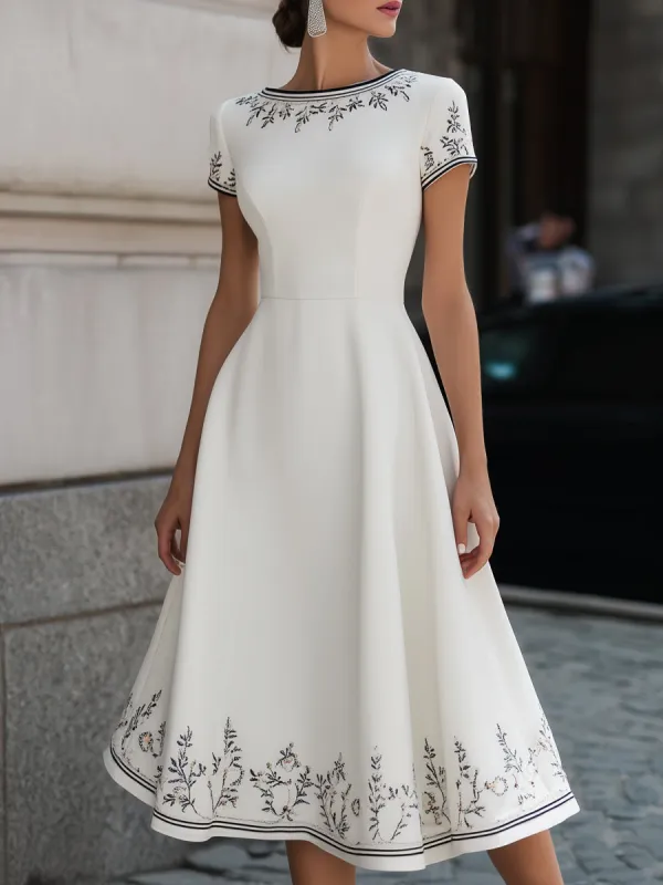 Embroidered Short Sleeve A-Line Midi Dress made by Mooyius