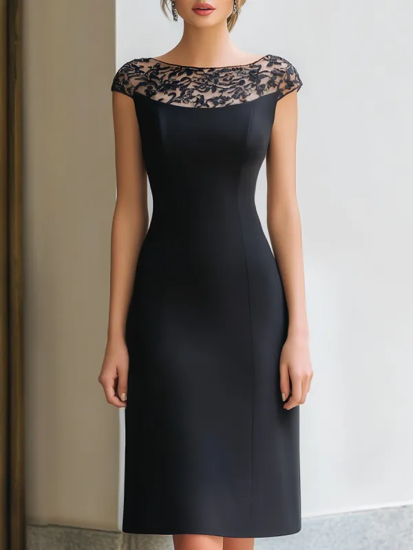 Lace Neckline Cap Sleeve Sheath Dress sold by Mooyius