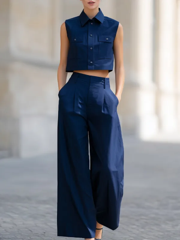 Navy Sleeveless Cropped Shirt & Wide-Leg Trousers Two-Piece Set made by Something Navy