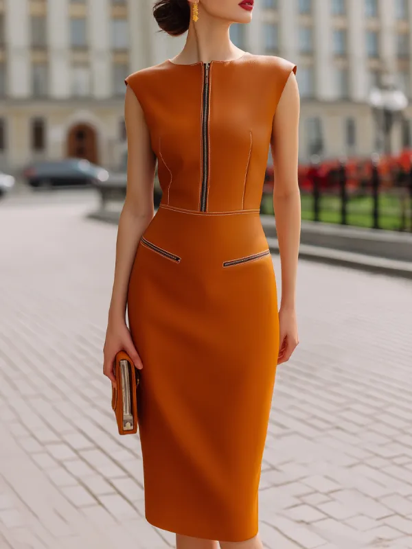 Zip-Front Structured Midi Dress With Pocket Detail made by Mooyius