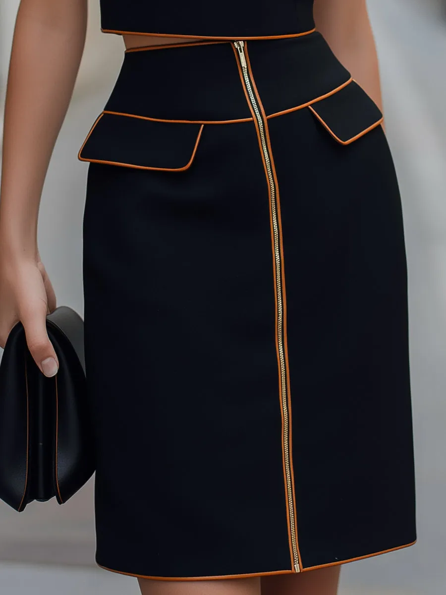 Contrast Trim Sleeveless Crop Top & Zip-Front Skirt Set sold by Mooyius product image thumbnail 3