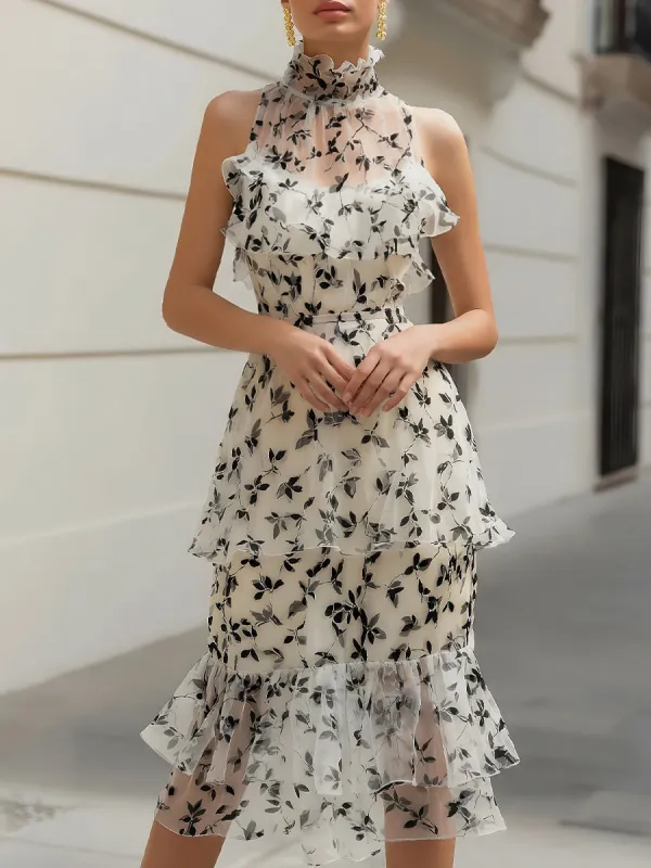 Floral Ruffle High-Neck Layered Midi Dress made by Mooyius