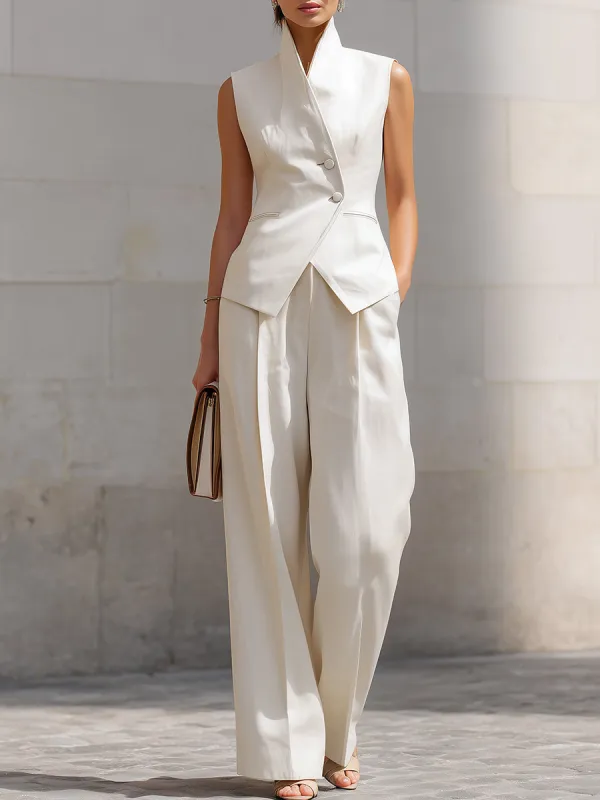 Cream Sleeveless High-Collar Vest & Wide-Leg Trousers Two-Piece Set sold by Mooyius