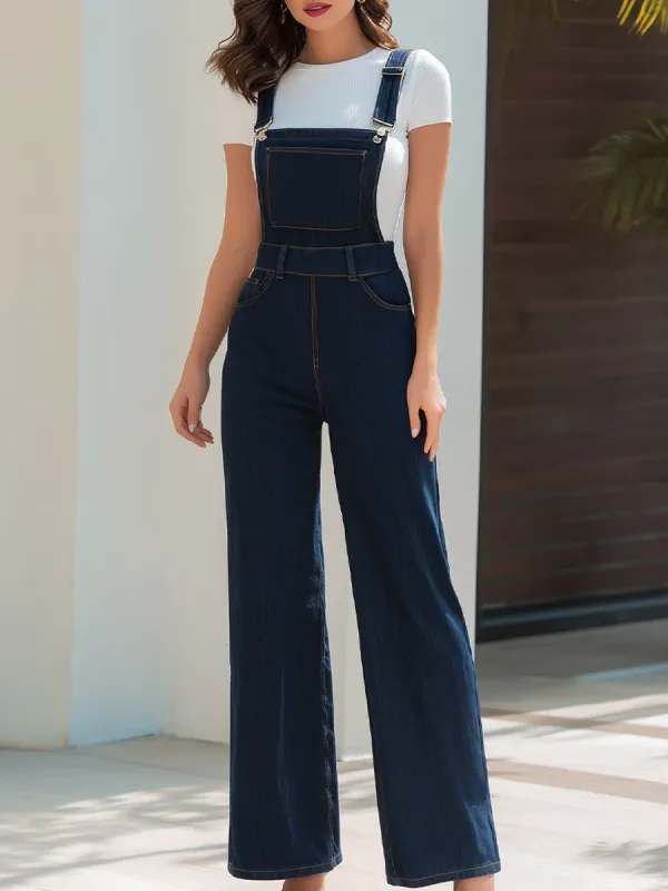 Dark Blue Denim Wide-Leg Overalls Jumpsuit made by Something Navy