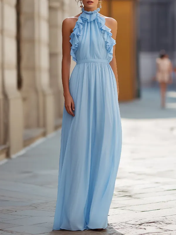 Ethereal Sky Blue Ruffled Halter Chiffon Maxi Dress made by Mooyius