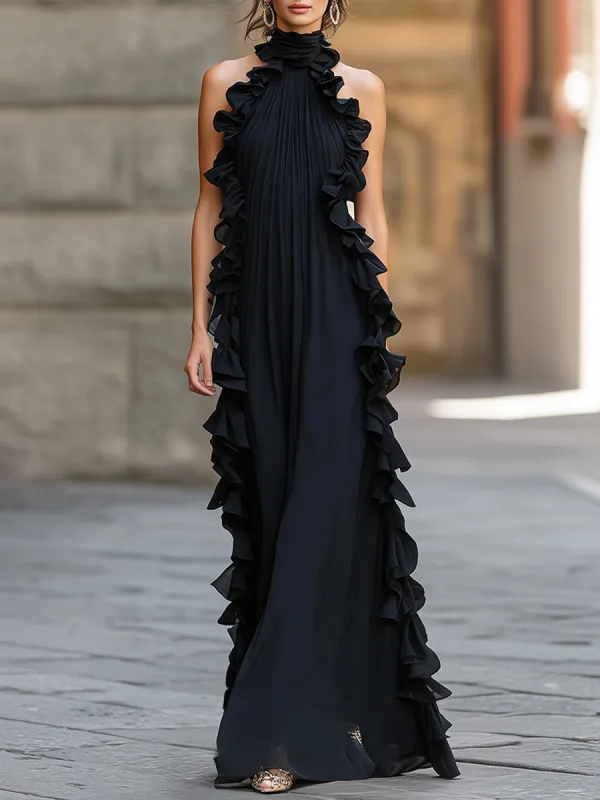 Midnight Elegance Ruffled Halter Pleated Chiffon Maxi Gown made by Mooyius