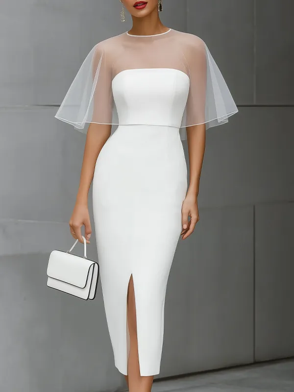 White Sheer Cape Overlay Midi Sheath Dress With Front Slit made by Something Navy