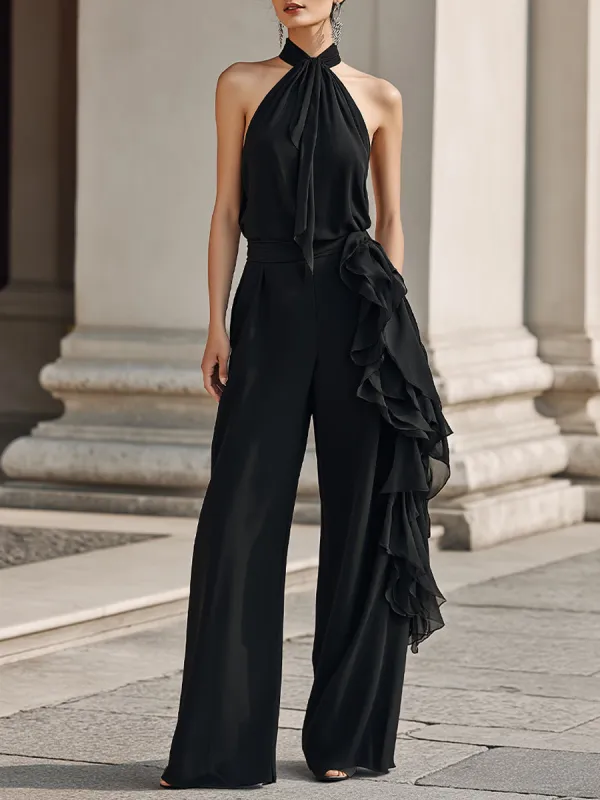 Midnight Chiffon Halter Jumpsuit With Dramatic Side Cascades made by Mooyius