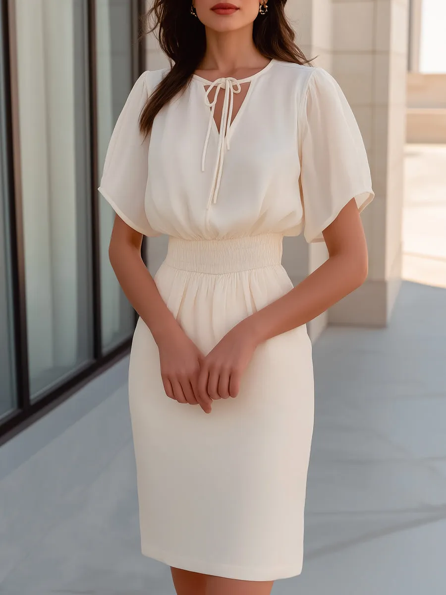 Tie-Neck Flutter Sleeve Ruched Waist Midi Dress sold by Mooyius
