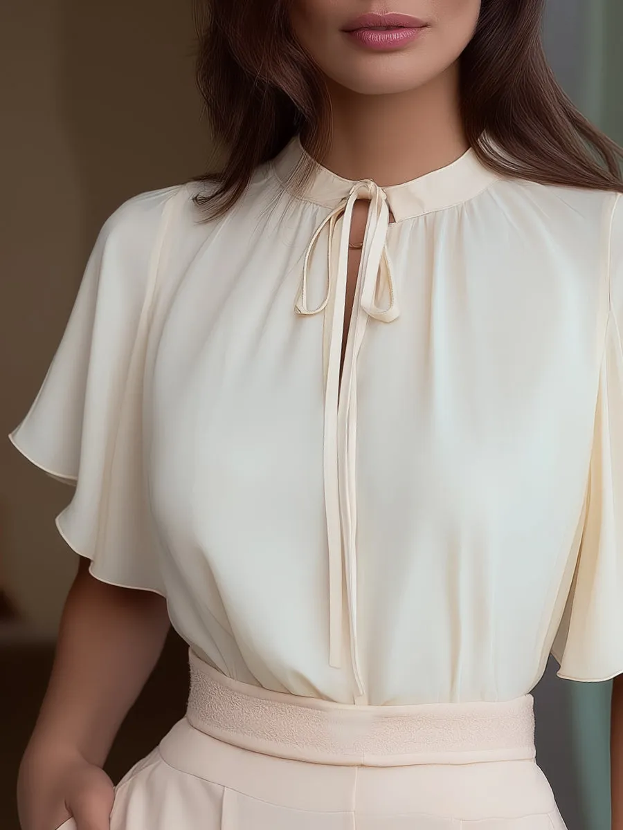 Tie-Neck Flutter Sleeve Elegant Blouse sold by Mooyius product image thumbnail 2