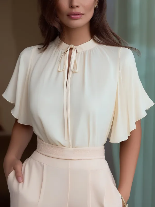 Tie-Neck Flutter Sleeve Elegant Blouse made by Mooyius