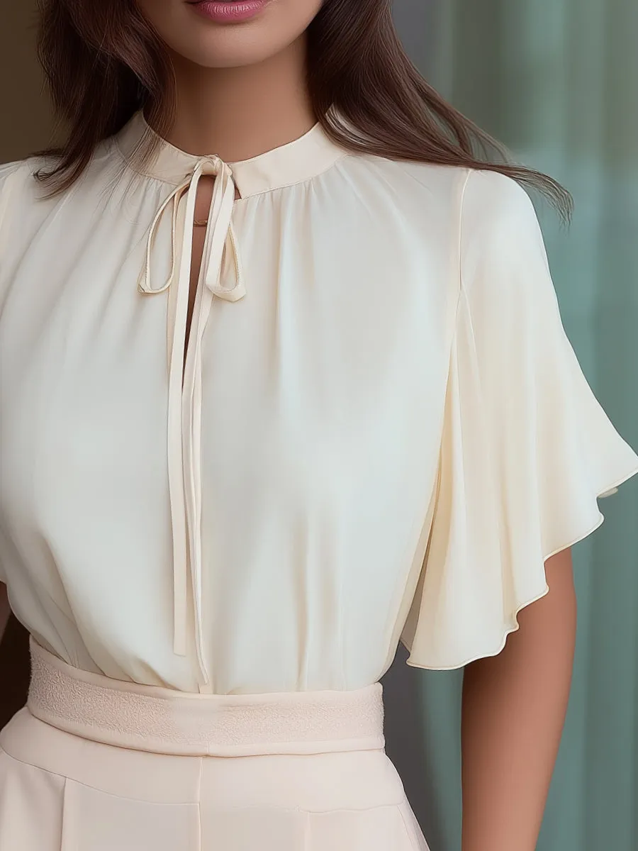 Tie-Neck Flutter Sleeve Elegant Blouse sold by Mooyius product image thumbnail 3