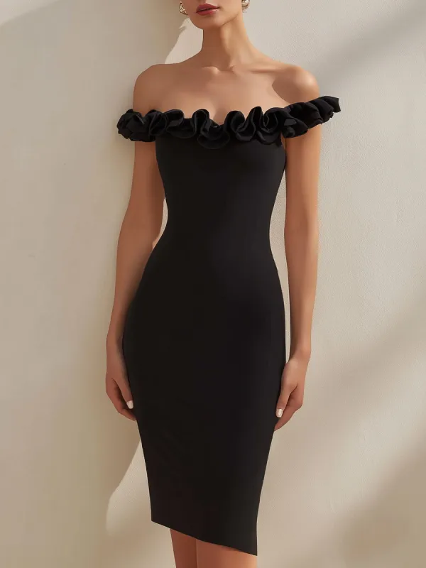 Ruffled Off-Shoulder Sculpted Midi Dress made by Mooyius