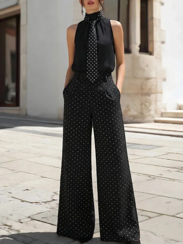 Polka Dot Tie-Neck Blouse & Wide-Leg Pants Set made by Mooyius