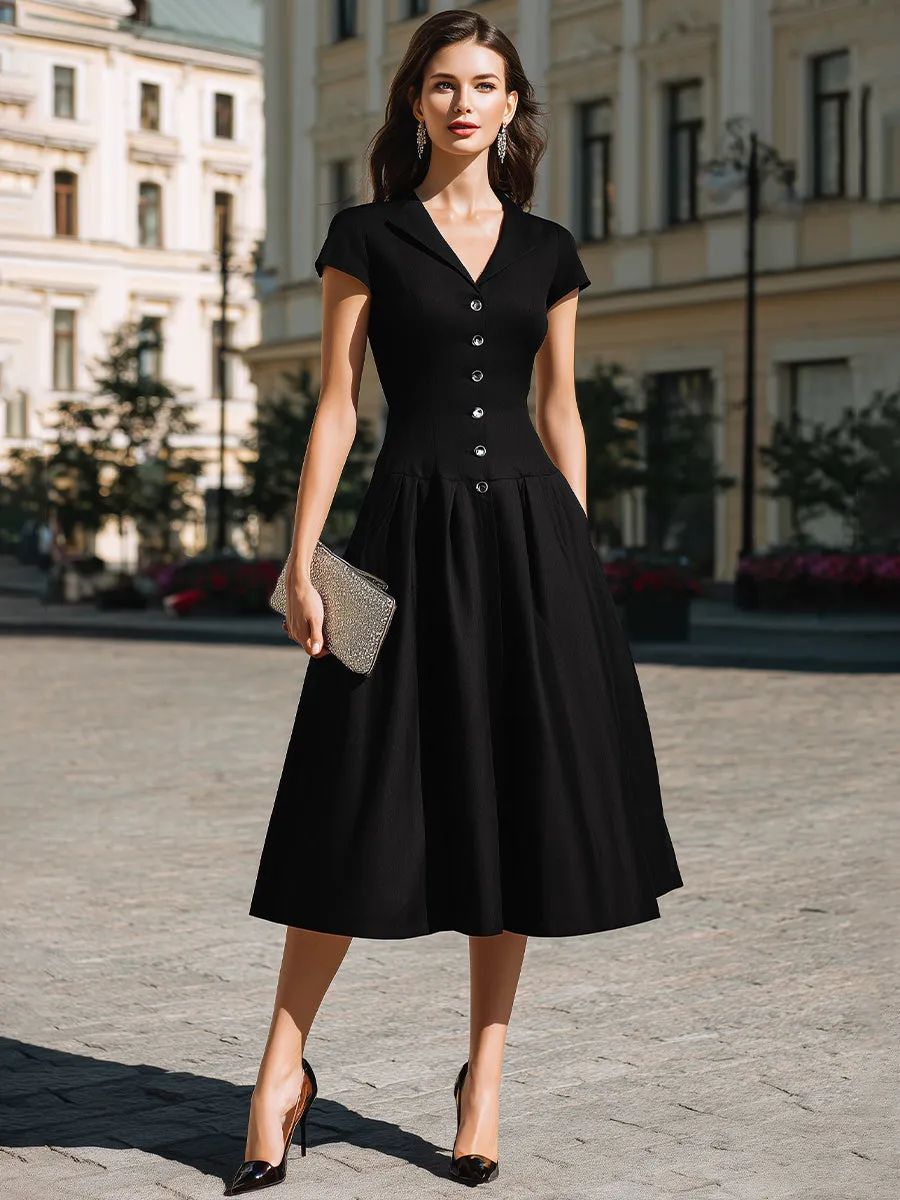 Button-Front Lapel Collar A-Line Midi Dress sold by Mooyius product image thumbnail 3