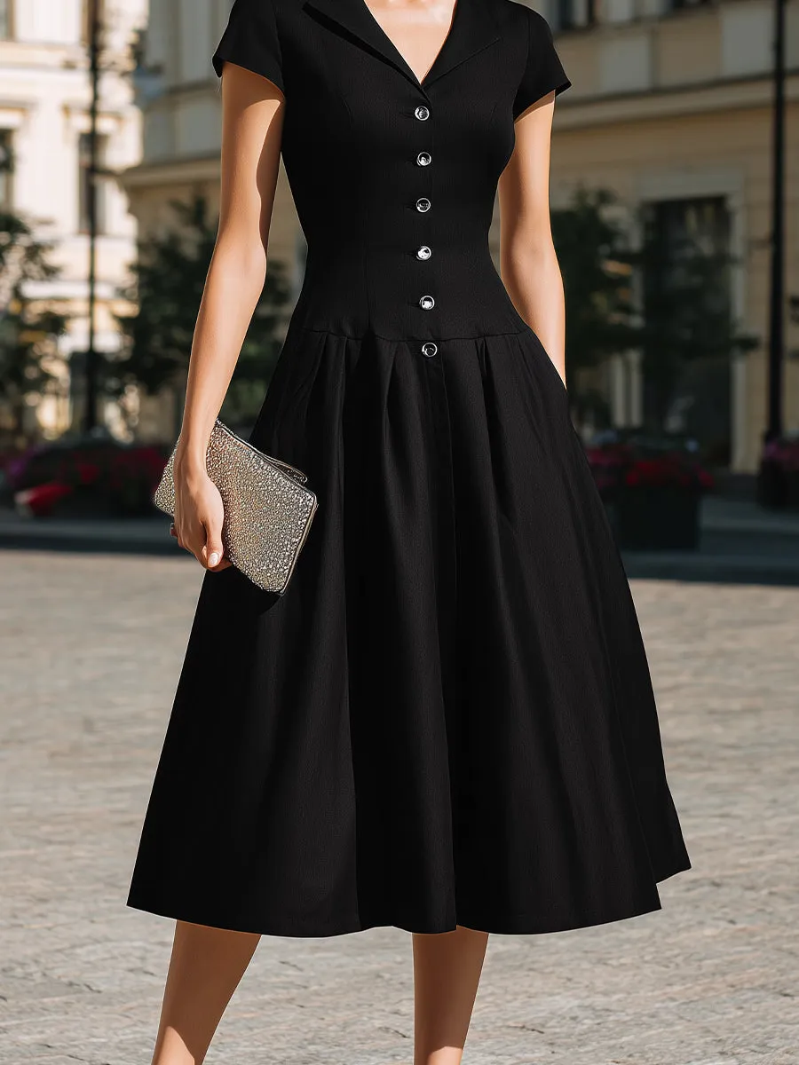 Button-Front Lapel Collar A-Line Midi Dress sold by Mooyius product image thumbnail 4