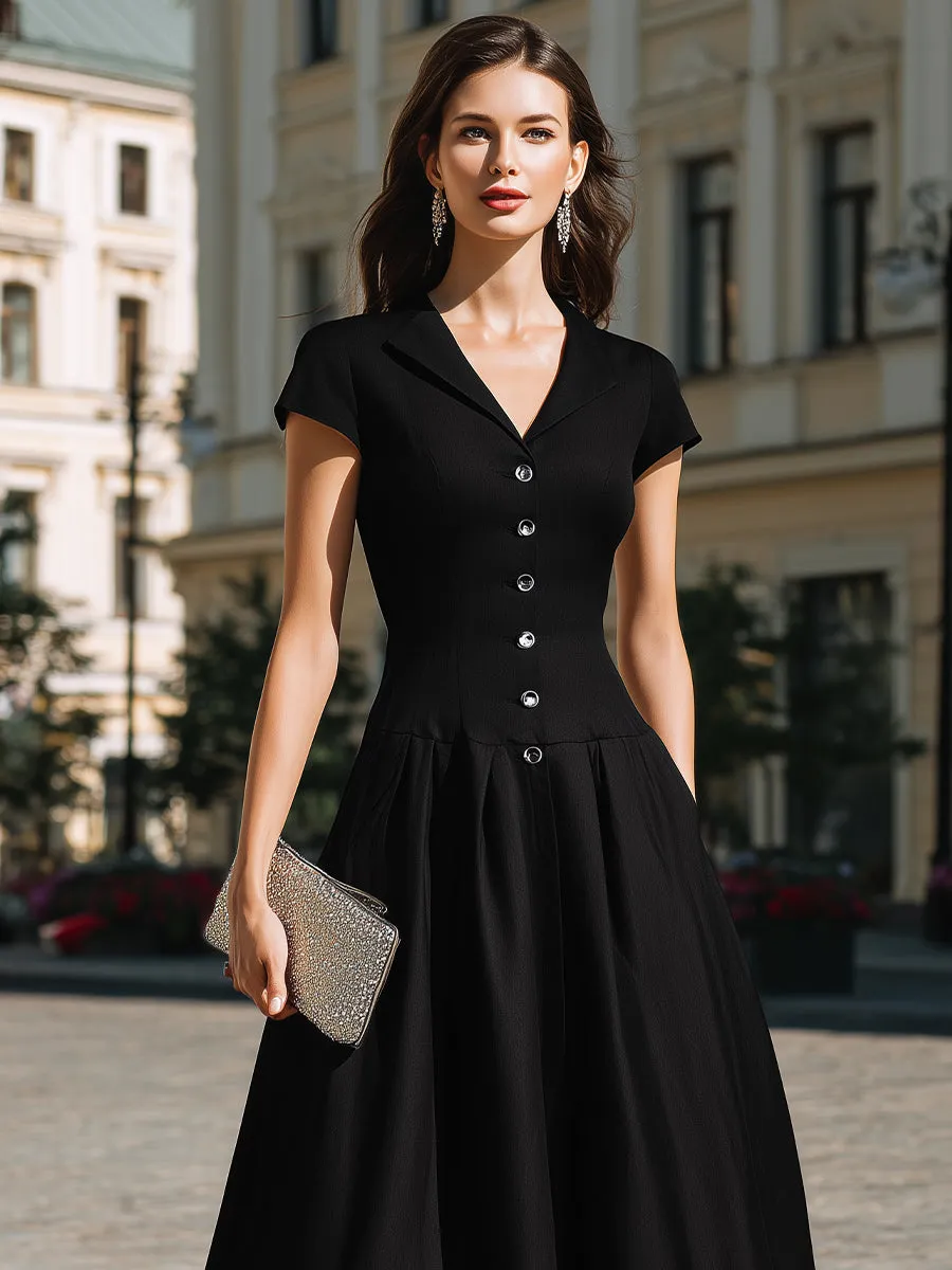 Button-Front Lapel Collar A-Line Midi Dress sold by Mooyius product image thumbnail 2