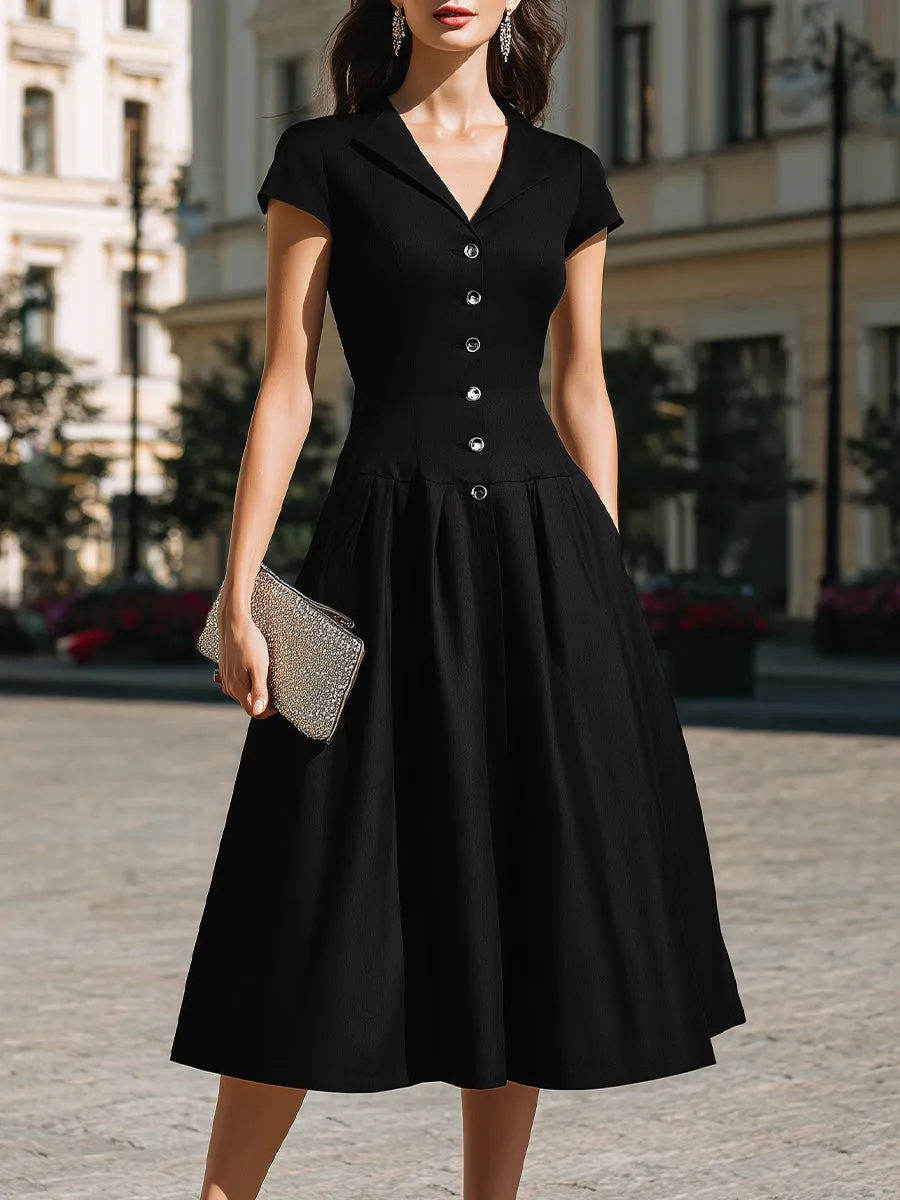Button-Front Lapel Collar A-Line Midi Dress sold by Mooyius