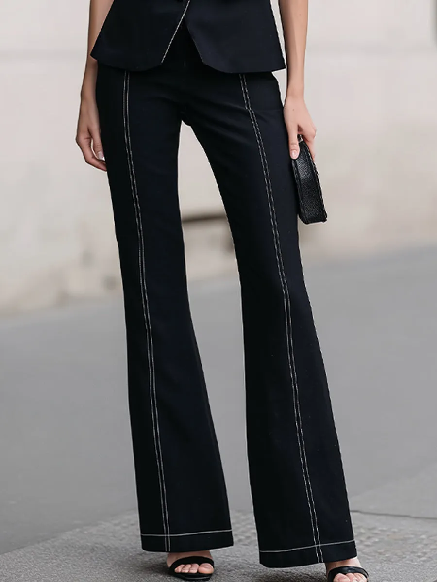 Black Short-Sleeve Contrast Blazer & High-Waisted Flared Trousers sold by Mooyius product image thumbnail 3