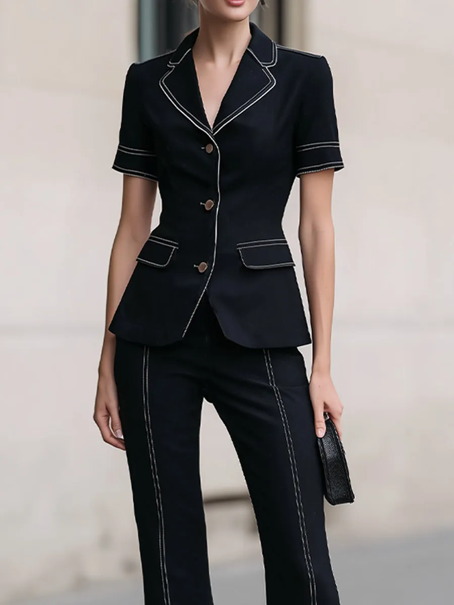 Black Short-Sleeve Contrast Blazer & High-Waisted Flared Trousers sold by Mooyius product image thumbnail 2