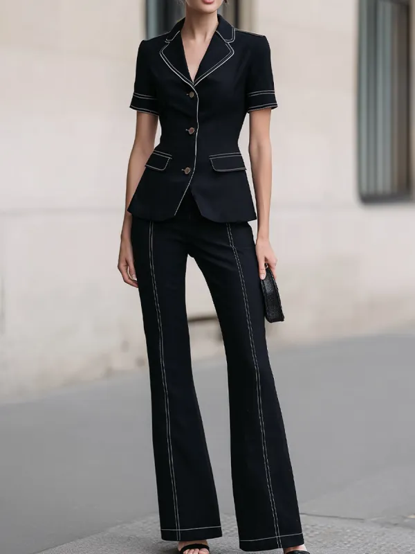 Black Short-Sleeve Contrast  Blazer & High-Waisted Flared Trousers made by Something Navy