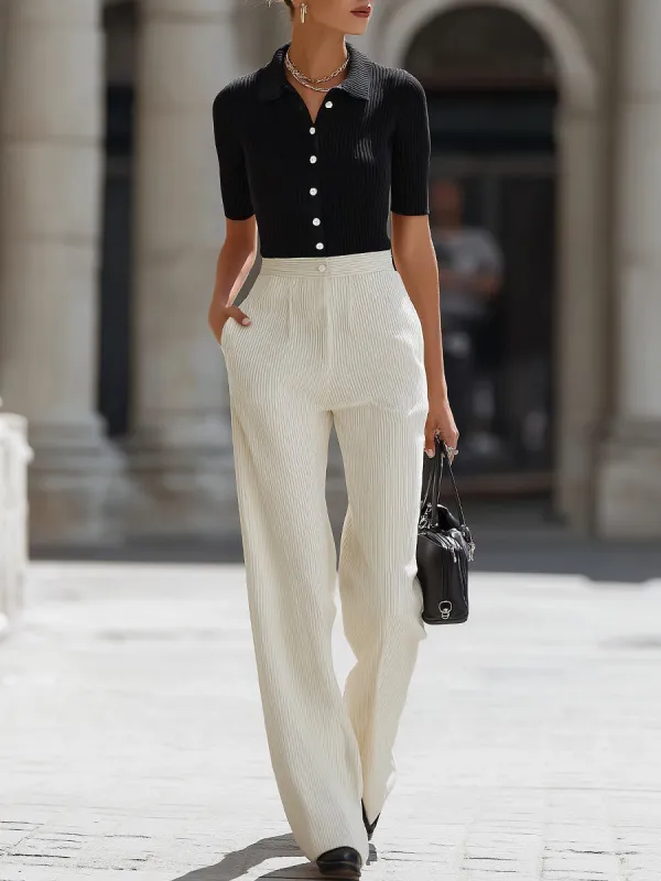 Ribbed Button-Front Polo Top And Tailored Wide-Leg Pants Set made by Mooyius