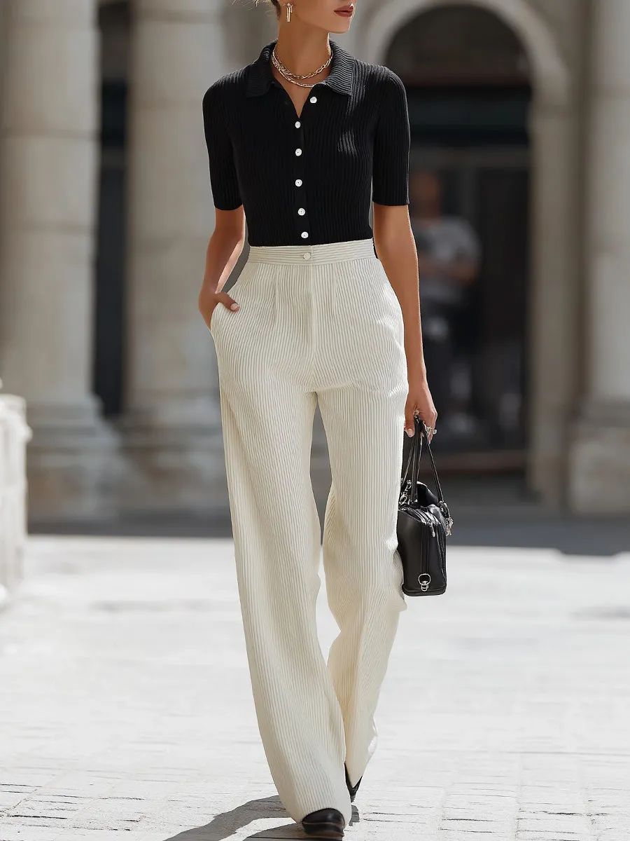 Ribbed Button-Front Polo Top And Tailored Wide-Leg Pants Set sold by Mooyius