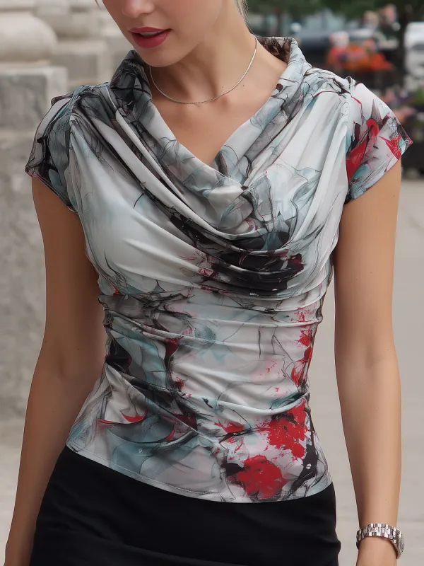 Abstract Print Draped Cowl Neck Blouse made by Mooyius