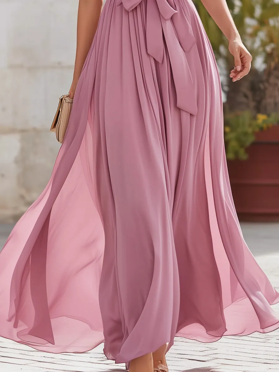 Halter V-Neck Tie-Waist Flowing Maxi Dress sold by Mooyius product image thumbnail 3