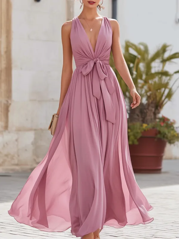 Halter V-Neck Tie-Waist Flowing Maxi Dress made by Mooyius