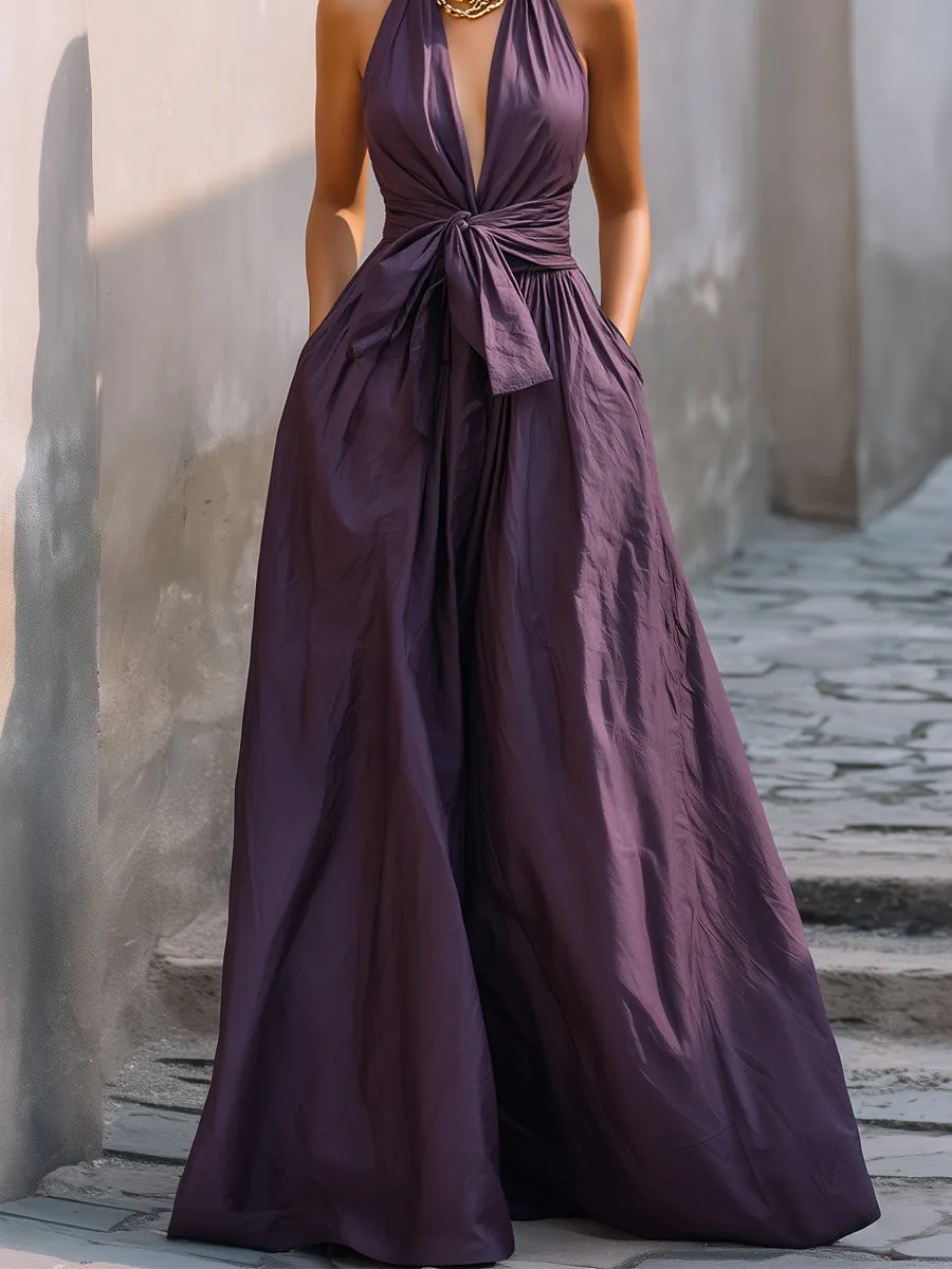 Halter Deep V-Neck Tie-Waist Maxi Dress sold by Mooyius product image thumbnail 3