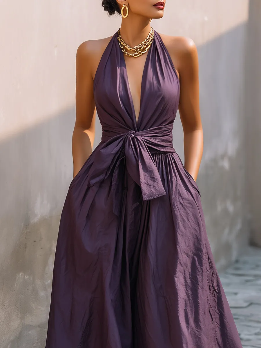 Halter Deep V-Neck Tie-Waist Maxi Dress sold by Mooyius product image thumbnail 2