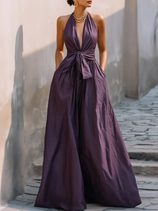 Halter Deep V-Neck Tie-Waist Maxi Dress made by Mooyius