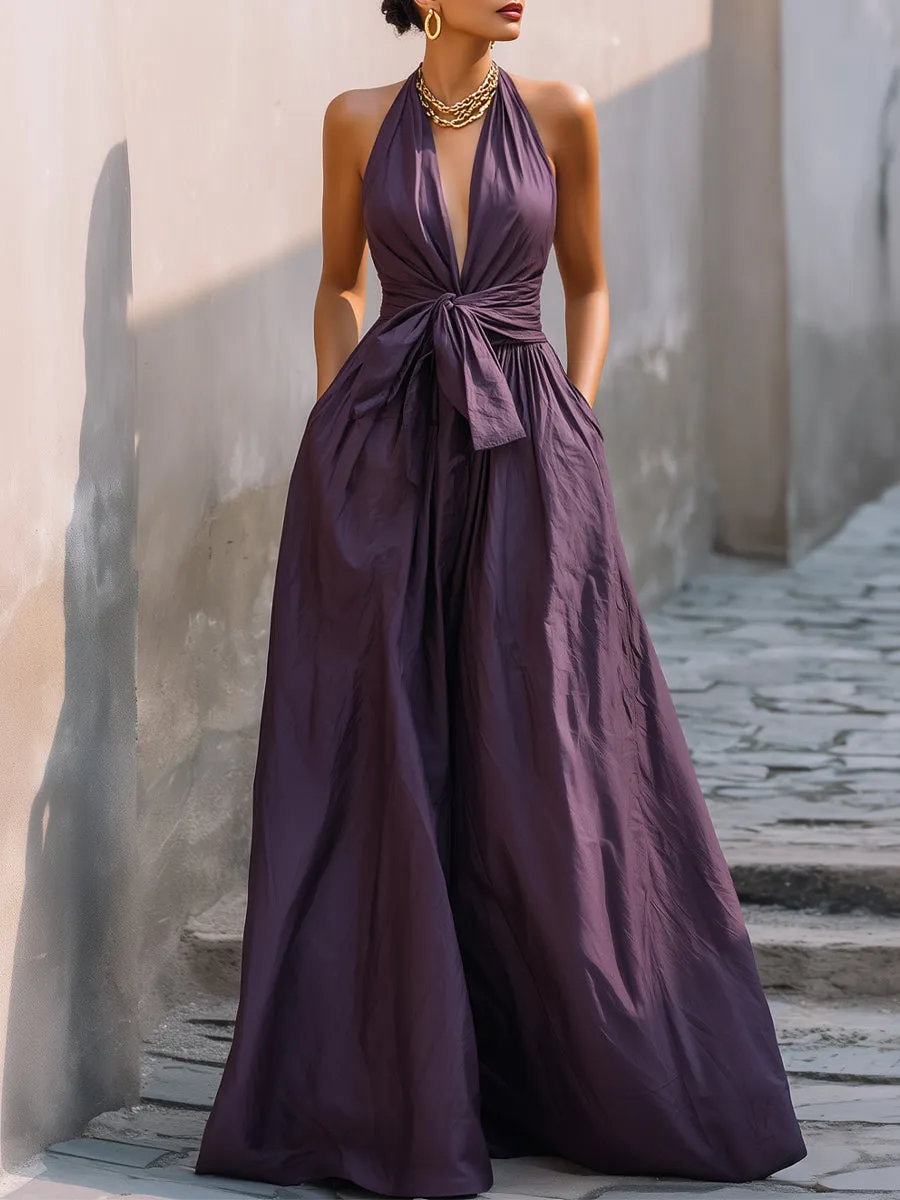 Halter Deep V-Neck Tie-Waist Maxi Dress sold by Mooyius