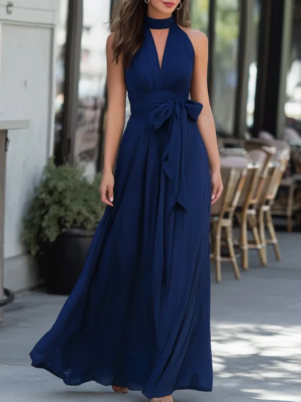 Halter Neck Tie-Waist Flowing Maxi Dress made by Mooyius