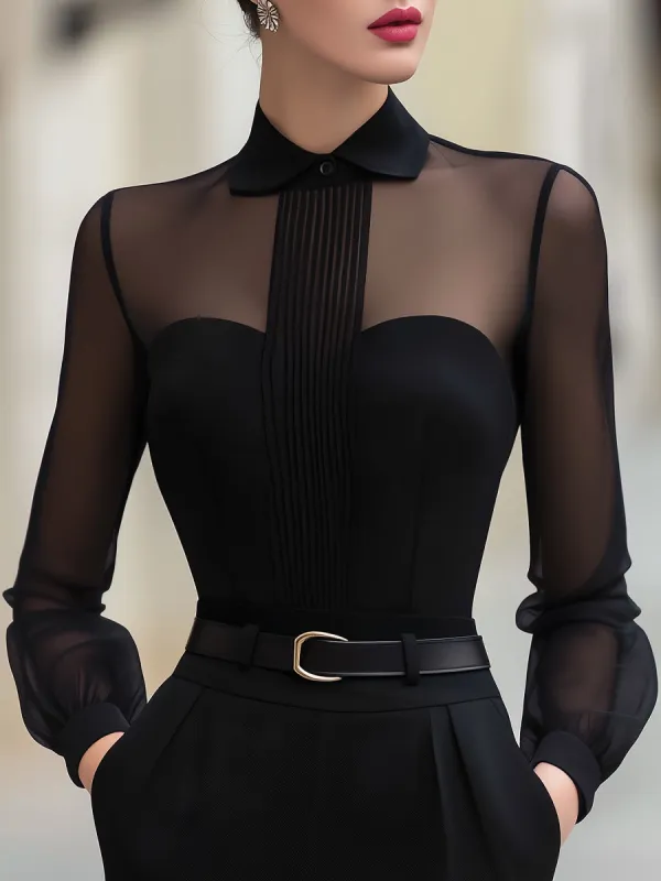 Sheer Panel Pleated Front Blouse made by Mooyius