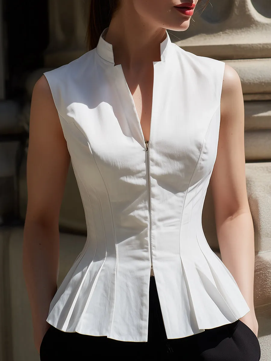 White Sleeveless Stand Collar Zip-Front Peplum Top sold by Mooyius