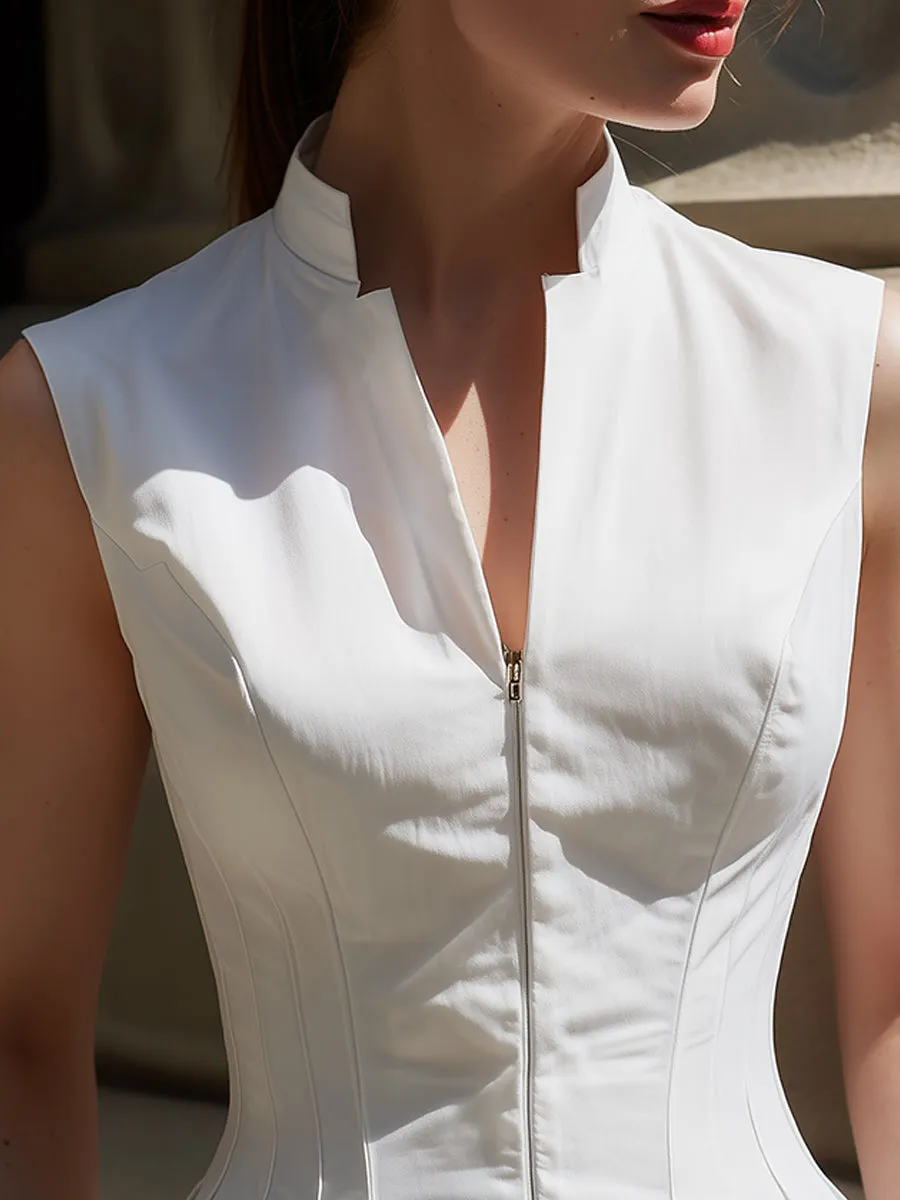 White Sleeveless Stand Collar Zip-Front Peplum Top sold by Mooyius product image thumbnail 2