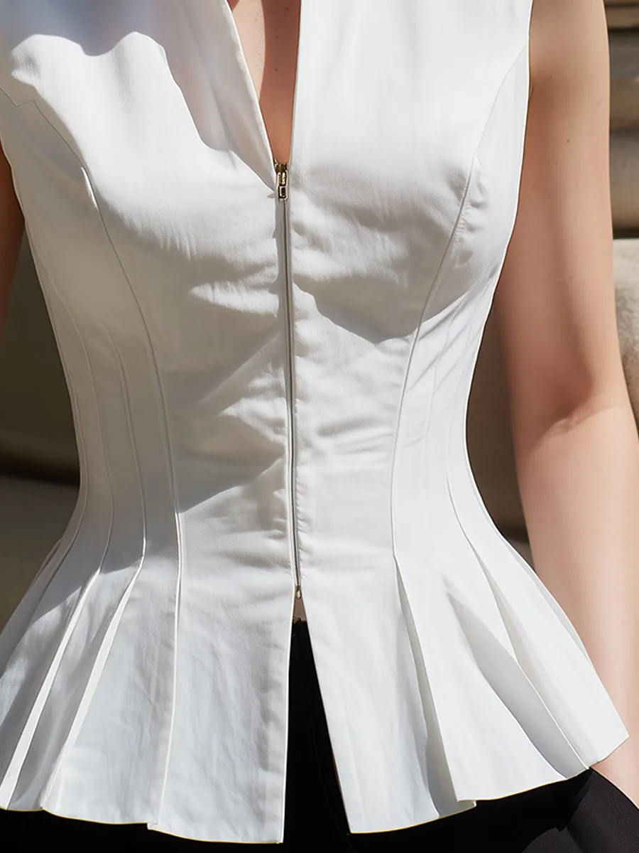 White Sleeveless Stand Collar Zip-Front Peplum Top sold by Mooyius product image thumbnail 3